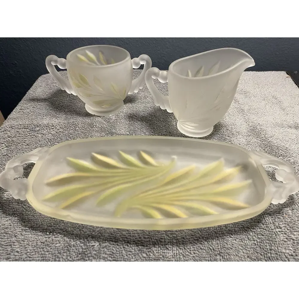 Vintage Indiana Glass Frosted Satin Leaf Creamer Sugar Bowl Tray MCM Set